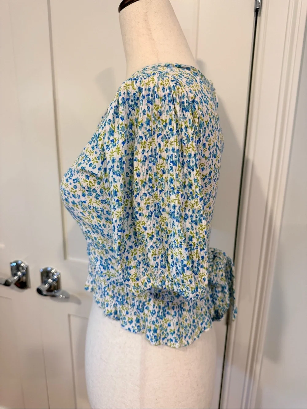 Faithfull the Brand Mona Blue and White Floral V-Neck Peplum Blouse